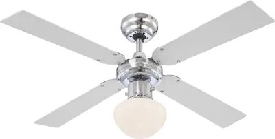 A white ceiling fan with four blades and a light fixture.