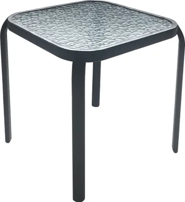 A square side table with a textured glass top and black metal legs, presented on a white background.