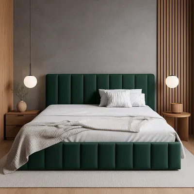 A bedroom scene with a bed as the main focus.