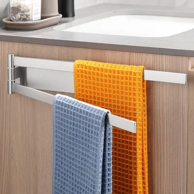 Image de Porte-serviettes adhésif argenté, 2 bras pivotants à 180°, en acier inoxydable - Fixation sans perçage
