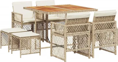 Produktbild von 9-tlg. Garten-Essgruppe mit Kissen Beige Poly Rattan