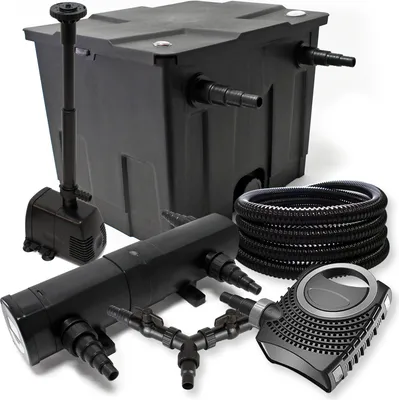 Produktbild von SunSun Komplettset: CBF-350 Teichfilter bis 12000 L Teichfilteranlage, CTF-8000 Teichpumpe 8000l/h 70W, CUV-218 Teichklärer 18W, 25m Teichschlauch 25 mm, HJ-943 Springbrunnen 800l/h 16W, Y-Verteiler