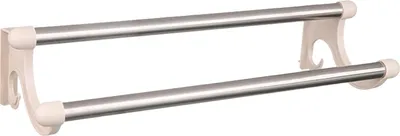 Imagen del producto de Barra doble para toallas, de plástico y acero inoxidable, para toallas de baño, ideal para el cuarto de baño. Soporte doble para toallas, de montaje en pared, con gancho para toallas, color beige