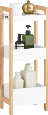 Obrázek produktu pro SoBuy koupelnová polička v bílé barvě/kaučukové dřevo Stojící polička Kuchyňská polička se 3 přihrádkami WHT cca: 28x74x20cm