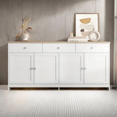 Produktbild von UnboxG Sideboard mit 4 Türen und 3 Schubladen, Weiß & Holzoptik, 160x37x75 cm, Anrichte Highboard Wohnzimmerschrank Buffetschrank für Wohnzimmer & Esszimmer