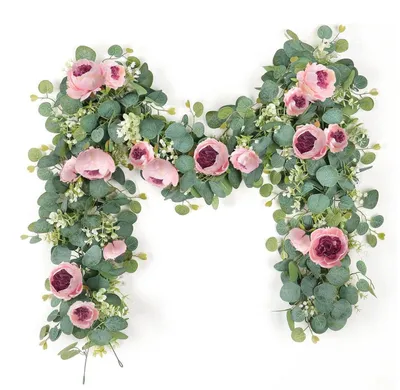 Produktbild von 2 Stück 2M Eukalyptus Girlande mit künstlichen rosa Pfingstrosen und Rosen, rosa+grün