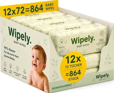 Produktbild von Wipely Baby Feuchttücher Sensitive 12er Set (864 Stück) 99% Wasser, Ohne Parfum & Alkohol, getestet, Biologisch abbaubar, recycelbar