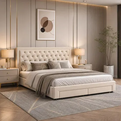 Immagine prodotto di Letto imbottito con boxspring, dimensioni 160x200 cm, con spazio contenitore, letto matrimoniale con 2 cassetti, letto con sistema di sollevamento idraulico, letto per ragazzi con rete a doghe, rivestito in velluto, colore beige