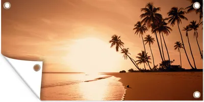Produktbild von MuchoWow® 80x40 cm Outdoor-Poster Gartendeko Sichtschutz Garten Poster für den Garten  Sonnenuntergang - Tropisch - Palme - Strand - Meer