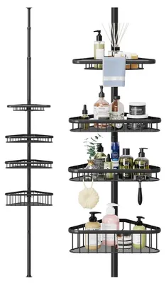 Image de Étagère de douche télescopique - Sans perçage - Acier - Noir - 98 à 287 cm