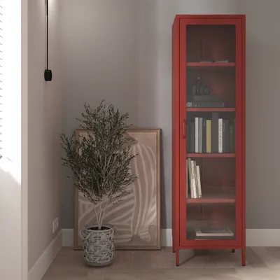 Produktbild von Vitrinenschrank Bücherschrank mit 4 Fachböden Vitrine Glitzernd Metall Rot