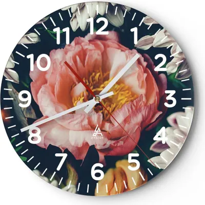 Produktbild von Wanduhr - Rund - Glasuhr - Blumen Pfingstrose Holzig - 30x30cm - Schleichendes Uhrwerk - Lautlos - zum Aufhängen bereit - Dekoration Modern - Wanddekoration aus Glas - C4AR30x30-4661