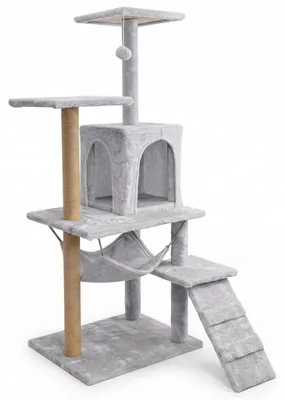 Immagine prodotto di Tiragraffi per gatti, casetta con giocattoli, alto, 6 livelli, cuccia, linea Comfort, grigio chiaro