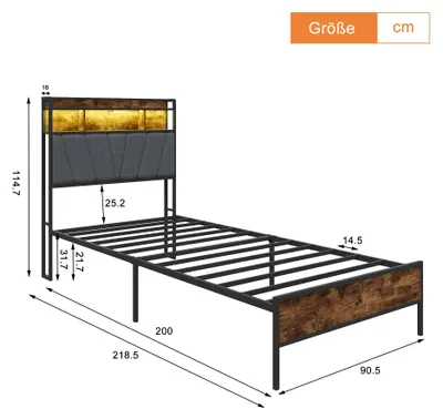Image de Lit simple - Structure de lit - 90 x 200 cm - Métal et bois - Tête de lit rembourrée en lin - Espace de rangement - Sommier à lattes - Finition bois/gris
