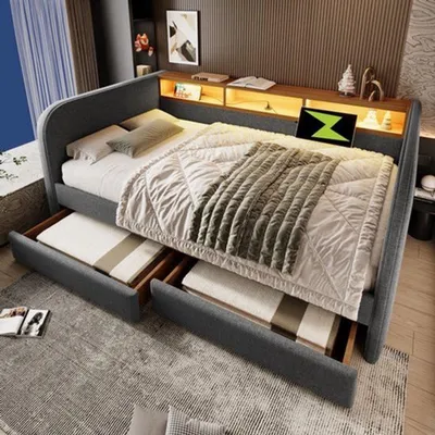 Image de Canapé-lit Linnen, modèle daybed, 140x190 cm – avec rangements, ports USB et éclairage LED