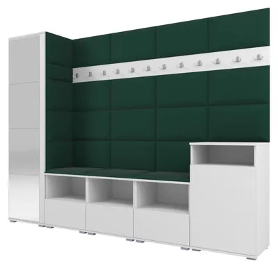 Produktbild von Garderobe NELA XI 250 cm Modulare Flurmöbel Weiß mit Spiegel & Sitzpolster Flaschengrün 28 (Großes Set)