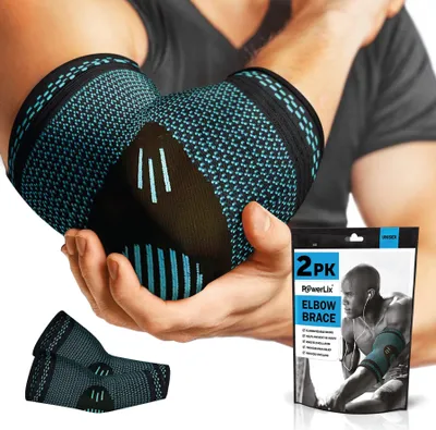 Immagine prodotto di POWERLIX benda per gomito 2 pezzi, benda per gomito a compressione per uomini e donne, gomito