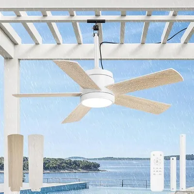 Obrázek produktu pro Venkovní stropní ventilátor s osvětlením, 106 cm, IP65, vodotěsný. Venkovní stropní svítidlo s ventilátorem, LED, stmívatelné. Ventilátor s osvětlením a dálkovým ovládáním. Ventilátor a stropní lampa pro použití v interiéru i exteriéru, ideální pro zahradu a balkon