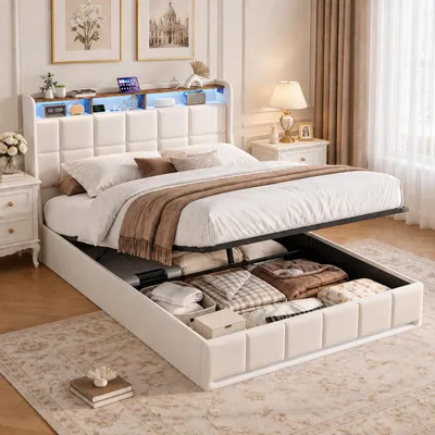 Produktbild von INONEFT Boxspringbett Polsterbett 140 x 190 cm, Hydraulisches Stauraumbett mit Stauraum, Doppelbett mit USB und LED, Jugendbett, Leinen, Beige