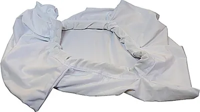 A white pool cleaner bag laid out on a white background.