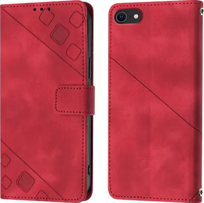 A red leather flip wallet case for a smartphone, shown from the front and back.