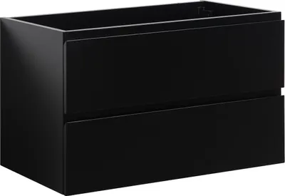 A black, two-drawer vanity cabinet.