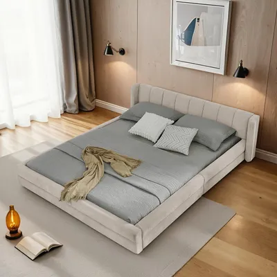 Zdjęcie produktu dla Podwójne łóżko Sweiko 160×200 cm, tkanina szenilowa, wygodne oparcie, solidna rama z drewna eukaliptusowego i żelaza, łatwe w montażu, beżowe (bez materaca)