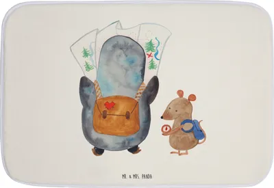 Produktbild von Mr. & Mrs. Panda Badteppich Pinguin & Maus Wanderer - Weiß - Geschenk, duschmatte, Badematte, Badvorleger, Badezimmerteppich, Wandern, Roadtrip, Abenteuer, Duschvorleger
