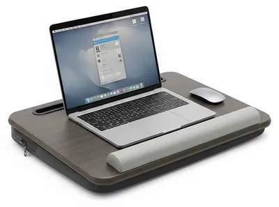 Produktbild von Relaxdays Laptopkissen mit Tasche, BxT: 43 x 32 cm, Handyhalterung, Handballenauflage, Laptop Knietablett, braun/grau