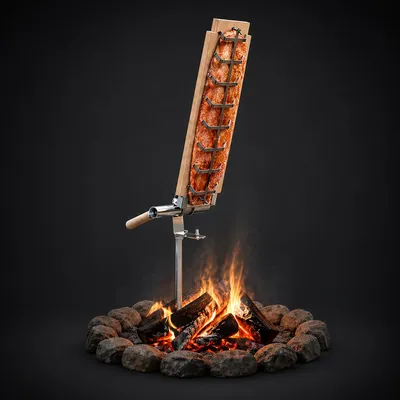 Produktbild von Flammlachsbrett 60x18cm aus Buchenholz inkl. Edelstahlhalterung für Lagerfeuer / offenen Feuerstellen