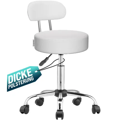 Image de Tabouret sur roulettes avec dossier, simili-cuir blanc, pivotant à 360