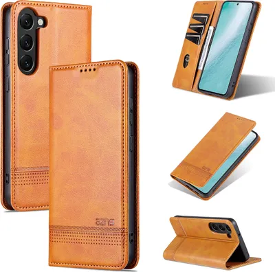 A collage of images showing a brown leather phone case for a Samsung Galaxy S23+ from different angles, including its cardholder feature and stand function.