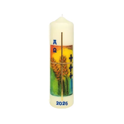 Produktbild von Osterkerze„hren, Kreuz Gold in Wachs mit A und O mit aktueller Jahreszahl 220 x Ø 60 mm