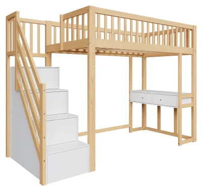 Produktbild von Hochbett 90x200 cm, mit Schreibtisch, mit Stauraum, mit Treppe, mit Leiter, für Kinder - und Jugendzimmer, Weiß