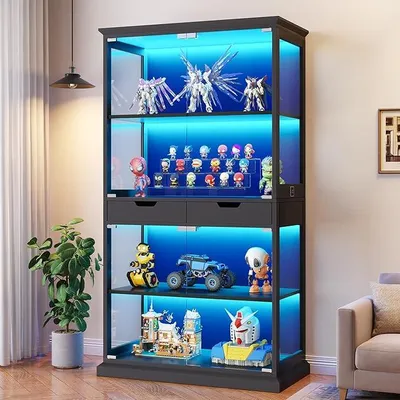 Productafbeelding van Vitrine met glazen deuren, 174 cm hoog. Vitrinekast, 4-laags glazen vitrine, vrijstaand, met RGB LED-verlichting en bediening via app, sensor, 2 lades. Verzamelvak voor de woonkamer, zwart