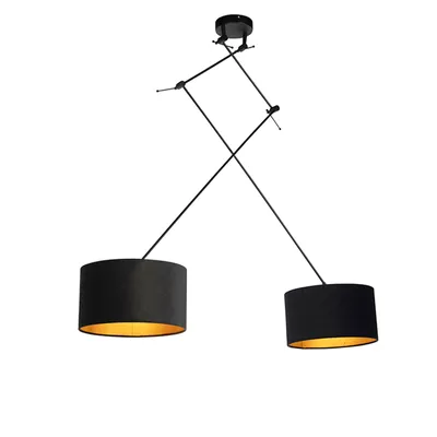 Produktbild von QAZQA - Modern Hängelampe I Pendellampe I Pendelleuchte mit Veloursschirmen schwarz mit Gold I Messing 35 cm - Blitz II schwarzI 2-flammig I Wohnzimmer I Schlafzimmer - Textil Zylinder I Länglich I Ru