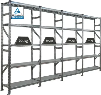 Produktbild von Fachbodenregal PROXIMO mit  Stecksystem | Komplettregal | HxBxT 200x360x40cm | 5 Ebenen | Fachlast 200 kg | Beidseitig nutzbar | Verzinkt