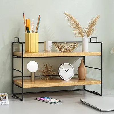 Produktbild von Hölzerne Küchenarbeitsplatte multifunktioneller Schreibtisch Organizer freistehendes Gewürzregal Bücherregal moderner Entwurf für Schule Heimarbeit einfache Montage (2 Ebenen)