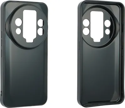 Two views of a black phone case against a white background.