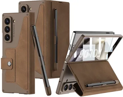 Image de Etui pour Samsung Galaxy Z Fold 6 Housse galvanisée transparente avec protection de l'écran, porte-stylo, protection de l'objectif et support Marron