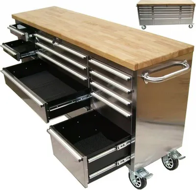 Produktbild von Edelstahl Werkstattwagen Werkbank 66060 Werkzeugwagen XXL 15 Schubladen Rollwage