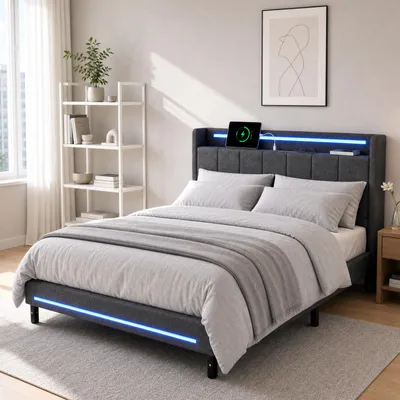 Produktbild von Polsterbett mit LED-Beleuchtung und USB-Ladefunktion, für Matratze 160x200cm, Doppelbett mit gepolstertem Kopfteil