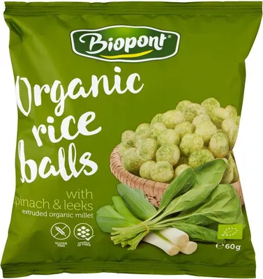 CHRUPKI RYŻOWE ZE SZPINAKIEM I POREM BEZGLUTENOWE BIO 60 g - BIOPONT
