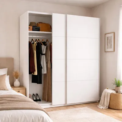 Produktbild von Kleiderschrank Dmarsic, Garderobe für Schlafzimmer, Kleiderschrank mit 2 Schiebetüren, 180x65h204 cm, Weiß