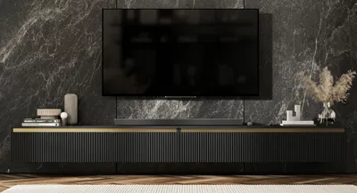 Produktbild von TV-Wandschrank SELENE von Lindner Möbel – viertürig  - 280 x 30 x 35 cm - Farbe: Schwarz matt -  Italienische Tiefmattfolie