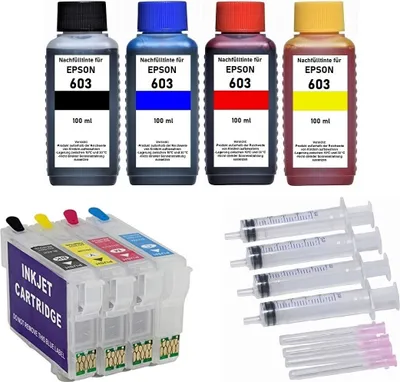 Produktbild von Wiederbefüllbare Tintenpatronen wie Epson 603 XL Black, Cyan, Magenta, Yellow mit Auto-Reset-Chips + 400 ml Nachfülltinte für Expression Home XP-2100, 2105, 2150, 2155, 3100, 3105, 3150, 3155, 4100, 4105, 4150, 4155, WorkForce WF-2810, 2820, 2830, 2835, 2840, 2845, 2850, 2870