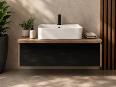 Produktbild von Bad Unterschrank „Ross“ 100 cm – Schwarz / Holzoptik – MDF – 100×50×34 cm – Ohne Zubehör
