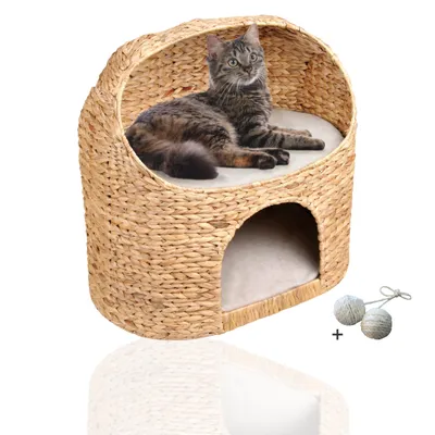 Produktbild von Rohrschneider Premium Katzenhöhle aus Wasserhyazinthe | Kuschelhöhle für Katzen mit waschbaren Kissen | Katzenhaus, Katzenkorb zum Schlafen | Katzensofa modern | Katzenbett hoch | Möbel für Katzen