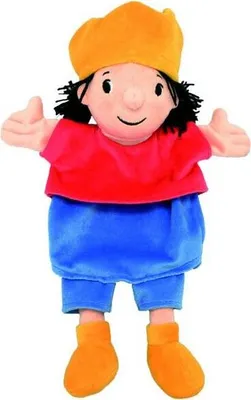 A stuffed hand puppet of a child character.