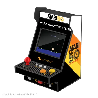 A miniature retro arcade game console.